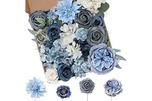 Floweroyal Künstliche Blumen Staubiges Blau Seidenblumen Mischen Sie Dahlienrosen mit Stielen für DIY Hochzeits-Brautsträuße, Babydusche, Blumengesteck, Tischdekoration, Heimdekorationen.