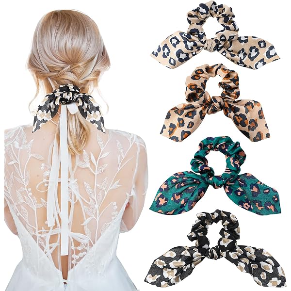 4 Stück Haarschlaufen Mit Schleifen - Scrunchies Mit Blumenmuster, Ca. 15 Cm, Für Frauen & Mädchen