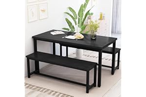 HOOSENG Dining Table with Bench Set 4,Faux Wooden Kitchen Set, Kitchen and Dining Room, Breakfast Table of 110 x 60 x 72cm, Benches of 98 x 30 x 43cm, Black