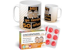 mundohuevo Pack Regalo 50 Años Hombre| Taza Divertida Mis Huevos ya tienen 50 Años + Caramelos de Broma Cincuentadol | Detalle Original y Gracioso para Cumpleaños Especial