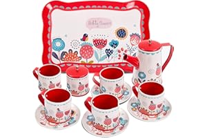 BUYGER Service à The Enfant - 14 Pièces Dinette Metal avec Plateau - Jeu d'imitation - Cadeau d'anniversaire pour Fille Garçon Bébé