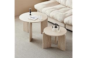 JZGORC Set of 2 Coffee Tables, Living Room Table in Yellow Imitation Travertine, Three Legged Design, Modern Living Room Side Table in Minimalist Style, Suitable for Living Room and Bedroom