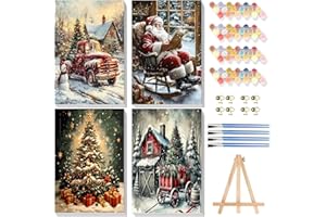 Bowetile 4 Pièces Noël Peinture par Numéros Adultes Enfants Avec Cadre, Kit Père Noël Peinture Numero Adulte Débutants Kit Toile avec Chevalet en Bois, DIY Peinture Acrylique pour Décoration 20x30cm