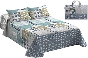 PAULA HOME TEXTIL HOGAR Y DECORACION Tolrá - Colcha Cubrecama Bouti Estampada para Primavera y Verano | Incluye Funda de Cojín 50x70cm | 100% Microfibra Muy Suave (Abelia Azul, Cama 90cm con 1 Funda Cojín)