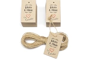 TRASHY WORLD 150 Etiquetas hecho a mano pequeñas, en Español, con Cuerda yute, 60x35 mm, tarjetas colgantes con agujero, cartón 100% reciclado (handmade with love)