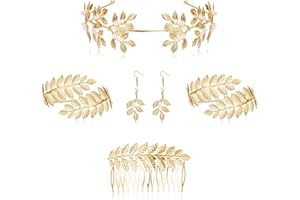 Finrezio 6 Pezzi Accessori Costume da Dea Greca Set per Donna Foglia Fascia Bobina Braccio Bracciale Bracciale Foglia Orecchini Pendenti per Copricapo da Sposa Toga Party