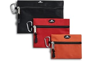 Case4Life - Heavy Duty Tool Pouch Bags Set - Set of 3 Sizes - Zipped Tool Organisers with Tool Belt Attachment Carabiner - Red, Black & Orange Storage Pouches