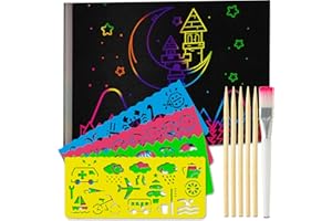 Tritart Juego de imágenes para rascar, 55 Hojas, Papel para rascar arcoíris para Dibujar y Manualidades, con Reglas de Plantillas, lápices de Madera, Pegatinas y Pincel I 13 x 19 cm