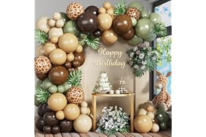 HILAVO Sage Green Brown Balloon Garland Kit Olive Green Gold Safari Balloons Arch Animal Print Balloons Woodland Camo Army Green Dark Brown Coffee Nude Balloon for Jungle Hunting Wild Birthday Decor