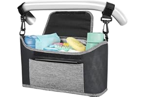 Yoofoss Kinderwagen Organizer Kinderwagentasche Multifunktionale und Praktische Aufbewahrungstasche Buggy Organizer Wickeltasche 33x11x17cm-hellgrau und schwarz
