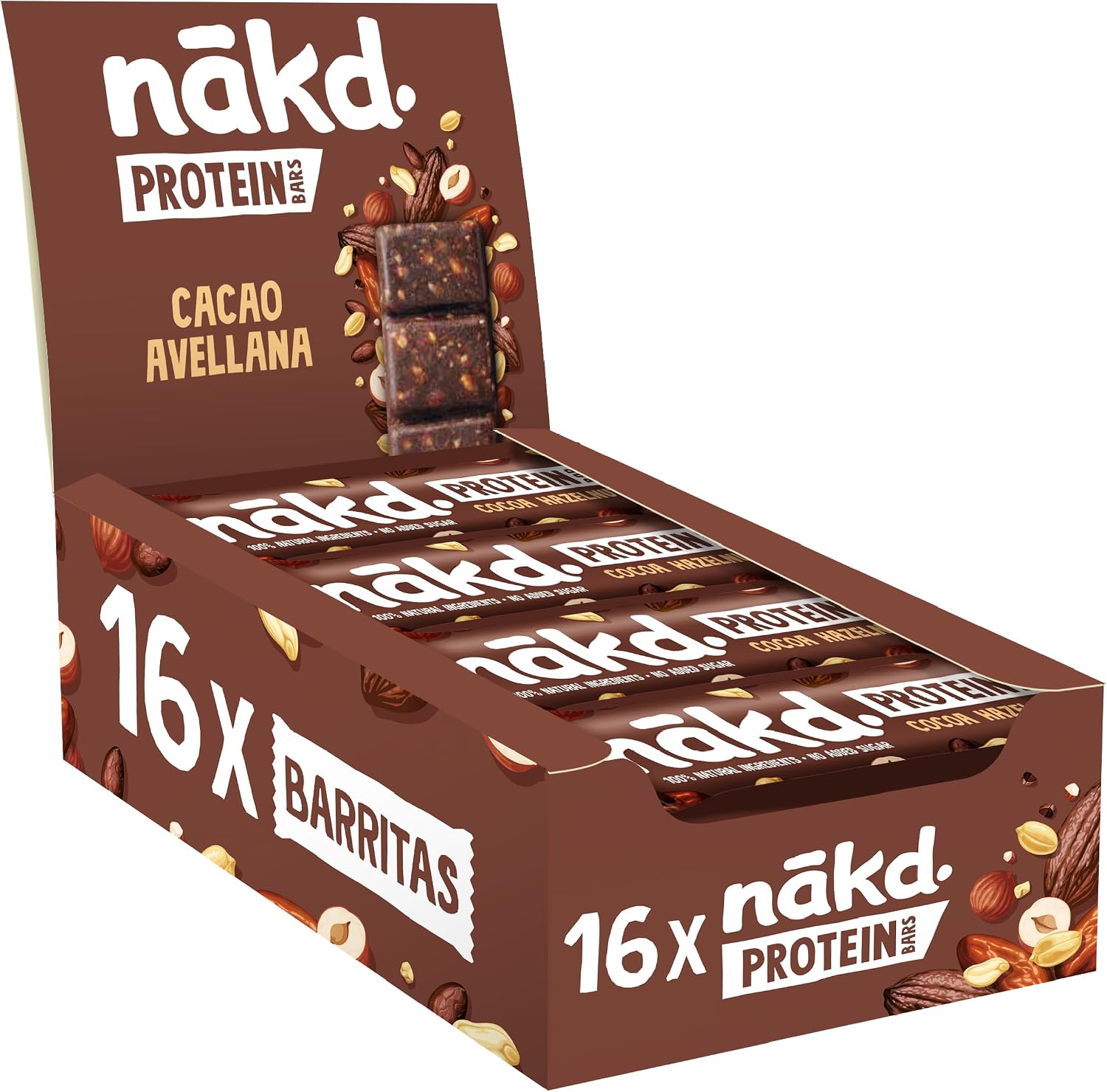 Nākd. Protein Cacao Avellana | Barritas Proteícas | 7g de Proteína de Origen Vegetal |100% Ingredientes Naturales | Sin Azúcar Añadido | Vegano | 16 x 45g | 720g