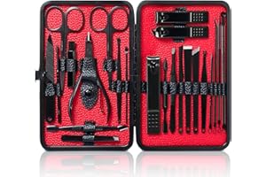 ‎JUPAI JUPELI Maniküre Set, 23 Teiliges Nagelset Männer, Nagelschere Set, Nagelpflegeset Nageletui Herren Nagelknipser Edelstahl Tragbarer Pflege Werkzeuge aus Schwarzem Leder für Reise (Schwarz Rot)