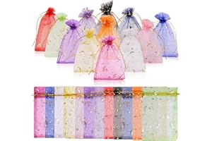 Chostky 200 Pcs Organza Gift Bags, 9x12cm Organza Jewelry Pouches with Moon Star Pattern Drawstring Small Wedding Favor Bags for Wedding Christmas Halloween Party Jewellery Candy Gift(Mix color)