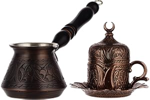 DEMMEX Juego de 6 piezas de café turco griego para 1 con cafetera de cobre grabada de 1 mm de grosor y tapa de platillo resistente y cuchara (cobre antiguo)