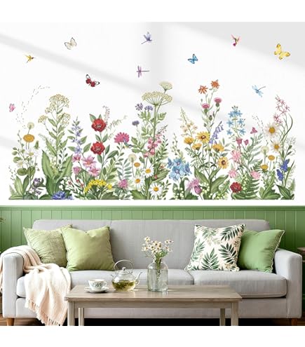 decalmile Adesivi Murali Giardino Fiori Bobo Adesivi da Parete Fiore Selvatico Dente di Leone Farfalle Decorazione Murale Camera da Letto Soggiorno Ufficio