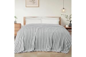 Exclusivo Mezcla Koc polarowy, narzuta na sofę w paski, super miękki żakardowy koc na łóżko, lekki i puszysty na każdą porę roku, 220 x 240 cm, jasnoszary