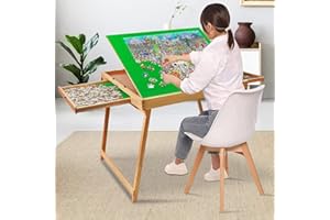 WESTHL Wooden Jigsaw Puzzle Folding Table for Adults and Kids,Portable Puzzle Folding Table with Non-Slip Surface Tilting Board for Games or Gift for Puzzle Amateur (Wood,1000 Pcs with 2 Drawers)