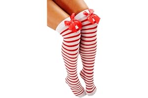 DRESSMEUP Dress Me Up - W-058-Red Karneval Fasching Strümpfe Overknee Kniestrümpfe Weiß Rot Ringel Gestreift Rote Schleife Kess Girly Sexy Wild Z191