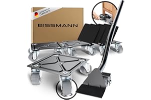 Bissmann® Möbelroller Set | Stabiler Möbelheber mit 4 Transportroller aus 100% Stahl | Schonende 1,5 Zoll PU Räder | Kinderleicht Möbel verschieben | 600kg Belastbarkeit