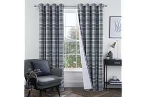 always4u 100% Blackout Curtains Check Eyelet Curtain Bedroom Plaid Woven Brushed Cheque Pair of Highland Woolen Look Window Treatment for Living Room Grey 46 * 54 Inches
