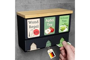 MARTEA Teeregal für die Wand - hängender Teebeutelspender zur hochkant Tee Aufbewahrung als Gastro Küchen Organizer (schwarz, Holzdeckel)