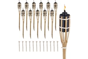 Relaxdays Garden Torches for Outdoors, Set of 12, 50 cm, Bamboo Torches, Garden Party Decoration, Oil Torches with Replacement Wick, Natural