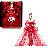 Işıltılı kırmızı t&uuml;l elbisesi, damla k&uuml;peleri ve t&uuml;l eldivenleri ile sarı sa&ccedil;lı Barbie Signature bebek, koleksiyona uygun Mat