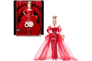 Barbie Signature 80° Anniversario Mattel, bambola bionda da collezione in abito in tulle rosso scintillante con orecchini a goccia e guanti velati, giocattolo per bambini, 6+ anni, JBJ17