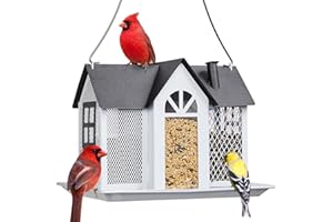 Kingsyard Bird Feeder House for Outside, Metal Mesh Wild Bird Feeder with Triple Feeders for Finch Cardinal Chickadee, Large Capacity, Weatherproof and Durable, White