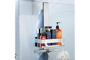 Cooeco Shower Caddy - Over Door Shower Caddy Stainless Steel Shelf for Hanging Glass Shower Enclosure, Shampoo Storage Holder for Glass Door with Hooks, no Drilling