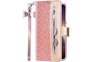 Uposao Kompatibel mit Samsung Galaxy J7 2016 Hülle Leder Handyhülle Blumen Muster mit Reißverschluss Kartenfächer Handschlaufe Schutzhülle Flip Case Klapphülle Handytasche Etui,Rose Gold