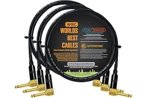 WORLDS BEST CABLES 3 Units - 60 CM - Van Damme Pro Grade Classic XKE - Premium, Ultra-Flexible Multi-Shielded Guitar Bass Instrument Effects Pedal Patch Cable w/Eminence R/Angled Gold ¼ inch TS Plugs & Staggered Boots