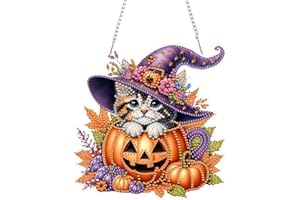 DOMROM Cat Diamond Art Painting Pendant, Pumpkin Diamond Painting Window Decoration Pendant, Halloween Diamond Art Hanging Ornament for Children Adults Diamond Painting Crafts Door Wall Window