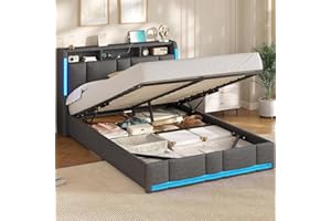 ‎AOGLLATI AOGLLATI Polsterbett 140×200 mit Steckdosen & LED Beleuchtung, Doppelbett 140x200 mit Stauraum Kopfteil & Hydraulischem Stauraum, Bettgestell mit Lattenrost,Jugendbett, Linen, Ohne Matratze,Dunkelgrau