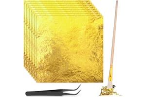 PEOVLVN 200 Blatt Goldfolie Flocken blattgold essbar Goldfolie Papier 14X14CM Blattgold torten deko mit Pinzetten und Bürsten,Blattgold Imitation für Vergoldung,Malerei,Küche Mousse Kuchen,Handwerk Nägel