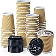 Fit Meal Prep 50 Pack 8 oz Insulated Ripple Triple Wall Paper Coffee Cups with Black Lids, Premium Disposable, Brown To Go Anti Slip for Hot Beverage, Christmas, Travel, Office