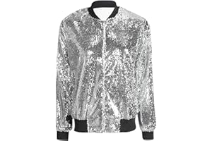 Nathnic® Women’s Ladies Sequin Glitter Bomber Jackets Outerwear Long Sleeves Metallic Shinny Club Dance Party Costume Biker Blazer Tops Plus Size S-XL