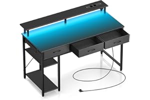 ‎ROLANSTAR Rolanstar Schreibtisch mit Schubladen, Computertisch mit Steckdosen & LED, Gaming Tisch mit Monitorständer, Regal & 2 Haken, Gaming Schreibtisch für Büro, Wohnzimmer(Schwarz, 137x47x90,5cm)