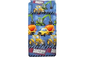 hermet Set Lenzuolo Singolo Cameretta, Una Piazza, Completo Letto, Lenzuolo Sopra, Lenzuolo Sotto Con Angoli, Federa, 100% Cotone, fantasia con Ruspa, Camion, Trattore