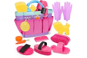 deAO Spielzeug Pferdepflege-Set mit Tasche, Putzzeug Pferde für Kinder, Zubehör für Pferde Spielzeug mit Kardätsche, Handschuhe, Massagebürste, Mähnenkamm, Hufkratzer, Pferdchenschwamm (Rosa)