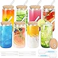 Drinking Glasses with Bamboo Lids and Glass Straw, Beer Can Glass,16oz Iced Coffee Cups, Tumbler Clear Glass Cup Ideal for Cocktail, Whiskey, Tea, Cola, Juice,Soda- Gift Set(8 Pack)