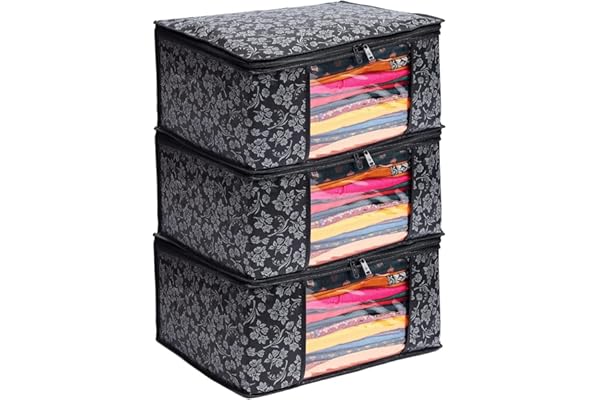 LAXIS Saree Covers With Zip Non-Woven Printed Saree Cover/Saree Organizer For Wardrobe/Cloth Storage With Transparent Window/Saree Bags Storage/Clothes Organizer (Black- Pack of 3)