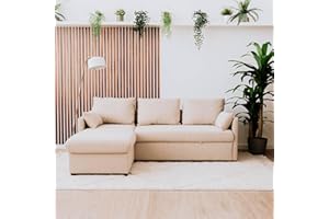 BUDWING Orlando Sofá Cama Esquinero 4 Plazas – Chaise Longue Reversible con Almacenaje – Estilo Contemporáneo, Tejido Hidrófugo Antimanchas – 221x160,5x88 cm – Beige Arena