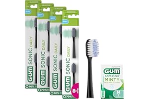 GUM Sonic Daily Lot 4X2 têtes brosse à dents sonique de rechange pour brosse à dents sonique GUM Sonic Daily - Poils doux et microfins pour un nettoyage doux et en profondeur (Noir) +1 bonus offert