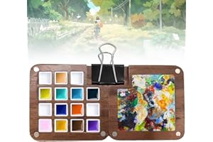Nizirioo Paleta de bocetos de madera: mini viaje 15 cuadrículas, caja de acuarela vacía, tapa plegable y paleta de mezcla, para pintura de acuarela, pintura acrílica