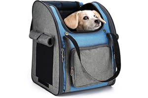 HAPPY HACHI Mochila para Gatos con Ventana de Malla, Mochilas Transporte Perros Pequeños Transpirable Pet Carrier Bolso de Hombro Suave Viaje Avion o Auto por Mascota (Azul, 34x26x40cm)