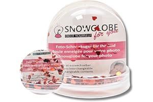 ‎SNOWGLOBE FOR YOU - DO IT YOURSELF Foto-Schneekugel groß | mit Herzen rot | mit 2 x Bild Vorder- und Rückseite | Sockel transparent | B: 9 cm H: 8 cm | 2 Malvorlagen | Foto-Geschenk Liebe Bilderrahmen | 50009