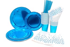 INHEMING 99 Pcs Vaisselle Jetable Anniversaire Bleu,Compris Assiettes en Carton Tasses Serviette Papier Paille, pour Enfants Party Fête Baby Shower (25 Invités)