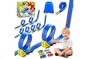 EKXXHVLS Circuit Voiture Enfant 5M, Piste de Course pour Voiture Double, Circuit Flexible Voies avec 6 Voiture, Piste de Voiture Enroulable avec Sac de Rangement Ventouse Cadeau pour Garçons Filles(Bleu)