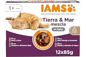 IAMS Advanced Nutrition Land & Sea Collection Alimento húmedo en salsa, para gatos adultos con diversos sabores a carne y pescado, 12 x 85g